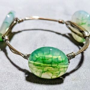 Bourbon and Bowties Green and White Dragon Vein Agate Gemstones Bangle Bracelet